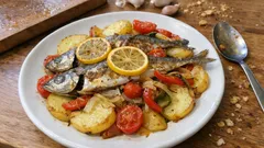 Tek tepside fırında sebzeli istavrit: patatesli, limonlu ve tam kıvamında